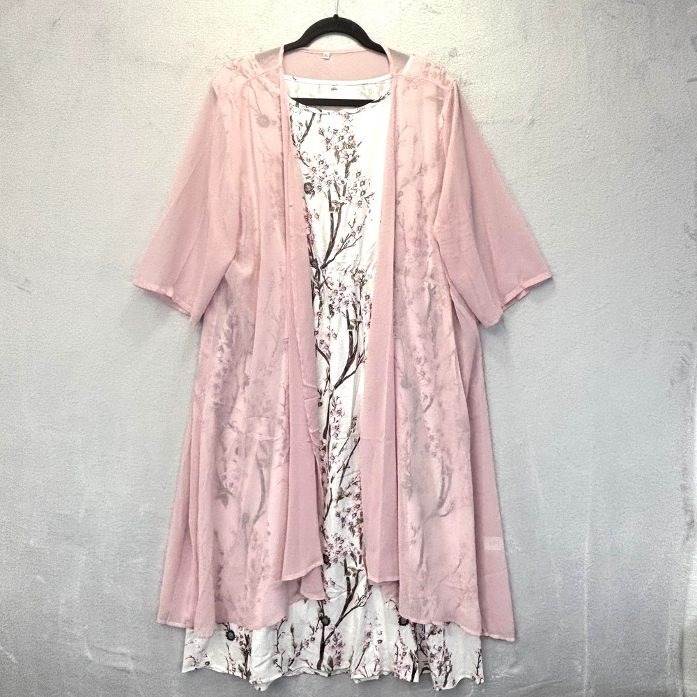 Pink Floral Tank Dress 2pc Set Womens 3XL Chiffon Lightweight Kaftan Sheer Top - Picture 1 of 16